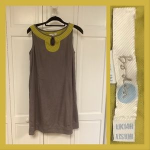 Boden Dove Grey & Yellow Lime Stylish Linen Sleeveless Sheath w Front Keyhole